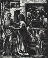 Armando Baldinelli, Interior Scene with Group of Figures, linocut on paper