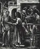 Armando Baldinelli, Interior Scene with Group of Figures, linocut on paper