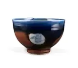 Andrew Walford, Brown, blue and green bowl with stamp motif, stoneware with brown and blue glaze