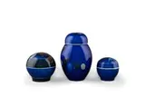 Set of blue lidded vessels with floral motifs, three by David Schlapobersky and Felicity Potter, porcelain painted with oxides, sold Jan 2026