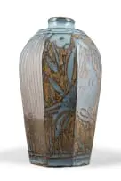 Anton Bosch, Faceted vase with guinea fowl, chun glaze over iron slip, carved through glaze and reduction fired