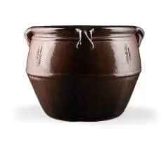 Digby Hoets, Urn shaped pot with incised leaf motifs and four lugs, stoneware with tenmoku glaze