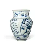 Vase with blue fish and waves by Esias Bosch and Anton Bosch, white stoneware with cobalt painted under transparent glaze, sold Jan 2026