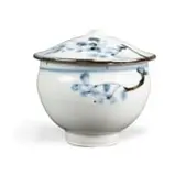 Tim Morris, White lidded vessel with blue leaf motifs, white stoneware with cobalt under transparent glaze