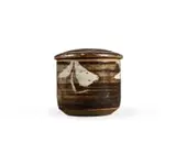 Andrew Walford, Lidded vessel, stoneware with dark brown glaze and white painted decoration