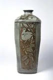 Anton Bosch, Square floor jar with flower and butterfly motifs, chun glaze over iron slip, carved through glaze and reduction fired