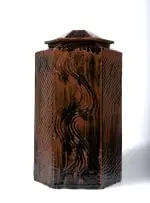 Esias Bosch, Large lidded hexagonal jar, stoneware with iron glaze and combed decoration