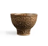 Brown and beige stem bowl with spiral relief design by David Schlapobersky and Felicity Potter, stoneware, sold Jan 2026