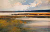 Derric Van Rensburg, Birds over Water, oil on board
