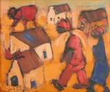 Frans Claerhout, Labourers and Cottages, oil on board