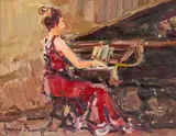 Adriaan Boshoff, Piano Player in Red Dress, oil on panel