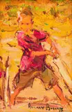 Adriaan Boshoff, Young Boy Playing Cricket, oil on canvas laid down on board