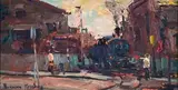 Adriaan Boshoff, Street Scene with Level Crossing, oil on board