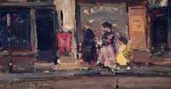 Adriaan Boshoff, Street Scene with Three Figures, oil on canvas laid down on board