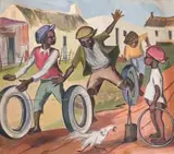 Amos Langdown, Children Playing with Tyres, gouache on paper laid down on board