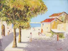 Cecil Rochfort D'Oyly-John, Continental Seaside Village, oil on wood panel