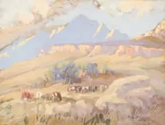 Allerley Glossop, Mountain Landscape with Cattle, watercolour on paper laid down on board
