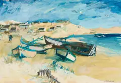 Marjorie Wallace, Fishing Boats at Arniston (Waenhuiskrans), gouache and charcoal on card