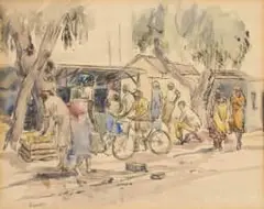 Durant Sihlali, Market Scene, charcoal and watercolour on paper