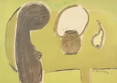 Charles Gassner, Nude Figure with a Pot, mixed media on paper