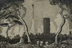 Johan Stegmann, Hillbrow Takes Off (Gee Jou Pierneef vir Hillbrow) [Give Your Pierneef to Hillbrow], 2023, etching on paper