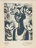 Peter Clarke, Girl with Floral Wreath, woodcut on tissue paper