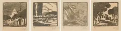 Clément Sénèque, Cape Dutch Buildings with Figures; An Old Fashioned Garden; Ship at the Docks; Rhodes Memorial, four, woodcut on paper