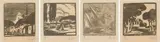 Clément Sénèque, Cape Dutch Buildings with Figures; An Old Fashioned Garden; Ship at the Docks; Rhodes Memorial, four, woodcut on paper