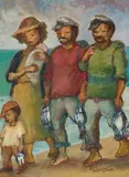 Amos Langdown, Fisherfolk, oil on canvas laid down on board