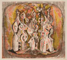 Dirk Meerkotter, Figure met Hoof (Figures with Chief), 1983, colour etching on paper