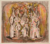 Dirk Meerkotter, Figure met Hoof (Figures with Chief), 1983, colour etching on paper