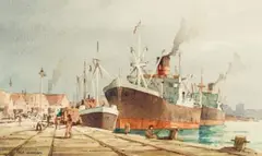 Nils Andersen, Ships in Dock, watercolour on paper