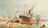 Nils Andersen, Ships in Dock, watercolour on paper