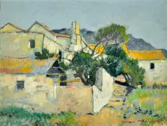 Terence McCaw, Genadendal, Cape Houses and Mountains, oil on canvas laid down on board