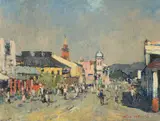 Terence McCaw, Queen Street Scene, 1957, oil on canvas laid down on board