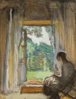 George Clausen, Through the Door, watercolour and charcoal on paper laid down on board