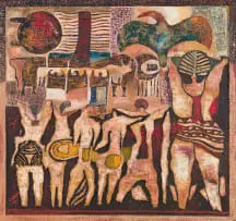 Lucky Sibiya, The Village, 1993, acrylic on carved wood panel