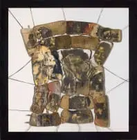 Bongi Bengu, Tribute 11, 2002, mixed media on found fabric, suspended behind Perspex