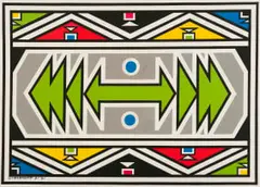 Untitled (Ndebele Patterns with Green Centre) by Esther Mahlangu, 2021, acrylic on canvas, offered Feb 2026
