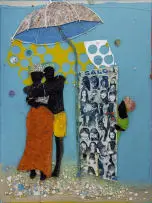 Thonton Kabeya, The Lovers and The Witness, 2024, walnut powder and newspaper ink transfer on sculpted canvas