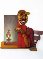 POV: Your date’s new teeth are his entire personality by Dada Khanyisa, African Walnut, Basswood, painted Pinewood, texture paint, textile, acrylic and oil on canvas, sold Nov 2025