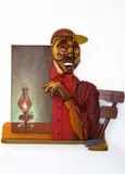 Dada Khanyisa, POV: Your date’s new teeth are his entire personality, African Walnut, Basswood, painted Pinewood, texture paint, textile, acrylic and oil on canvas
