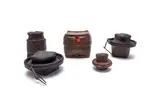 Fine Kuba lidded baskets, five by Kuba Peoples Unrecorded artist, raffia, sold Feb 2026
