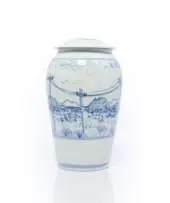 Lidded vessel with landscape and telephone poles by Esias Bosch, porcelain with cobalt under transparent glaze, sold Feb 2026