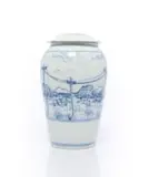 Esias Bosch, Lidded vessel with landscape and telephone poles, porcelain with cobalt under transparent glaze