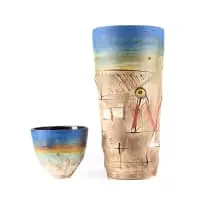 Andile Dyalvane, Views from the studio, two, white earthenware clay, underglaze paints and glazed inside and areas, incised areas protruding outwards