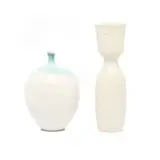 Thelma Marcuson, Porcelain vase and bottle, two, (1) porcelain with glaze and blue oxide; (2) porcelain with matt white glaze and incised motif