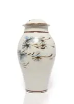 Tim Morris, Lidded jar with flower motif, 1978, porcelain with white glaze and oxide