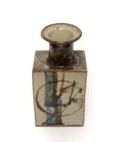 Tim Morris, Rectangular bottle with circle and plant motif, reduction stoneware