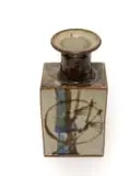 Tim Morris, Rectangular bottle with circle and plant motif, reduction stoneware